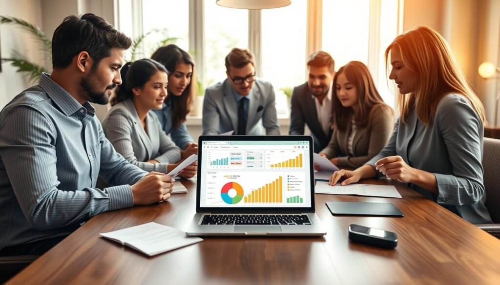 A comforting, modern workspace depicting strategies for paying off credit card debt. In the foreground, a professional, diverse group of individuals dressed in business casual attire is gathered around a sleek wooden table, analyzing financial documents and discussing strategies. The middle section showcases an open laptop displaying a colorful pie chart and graphs illustrating budgeting techniques. In the background, a large window lets in warm, natural light, casting a soft glow over the scene, creating an inviting atmosphere. Soft-focus plants and decor give a sense of calm organization. The angle is slightly angled downwards, providing a view of both the participants and their collaborative effort, embodying a positive, proactive approach to financial management.