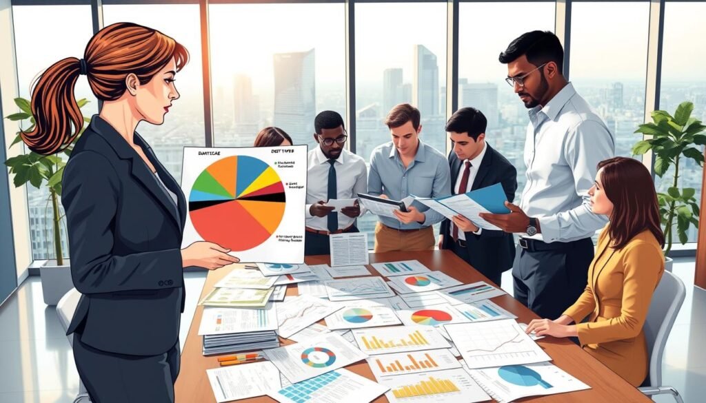 A detailed illustration of a diverse group of professionals analyzing a multi-layered debt landscape in an office environment. In the foreground, a woman in a business suit presents a colorful pie chart depicting various debt types, while a man in smart casual attire reviews financial documents on a tablet. In the middle ground, several colleagues discuss strategies over a large table strewn with graphs and charts, creating a collaborative atmosphere. The background features a large window with city skyline views, illuminated by soft, natural light during the late afternoon. The mood is focused and strategic, conveying the urgency of understanding and managing debt effectively. Use a wide-angle lens to capture the group dynamics and the detailed visual of the financial materials.