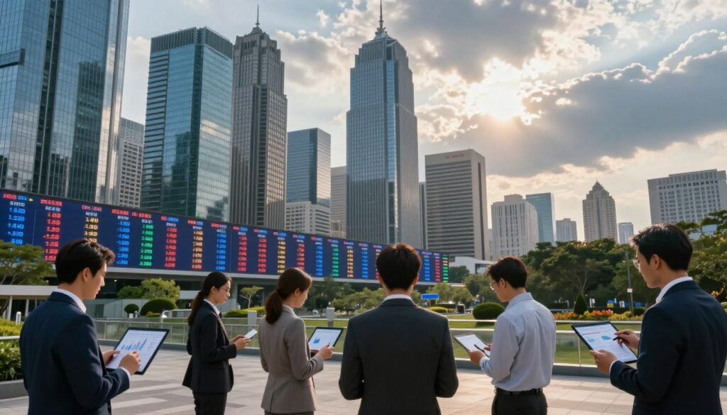 A dynamic stock market landscape, showcasing a vibrant city skyline with tall glass buildings symbolizing economic growth. In the foreground, a diverse group of professionals in business attire, discussing charts and graphs on digital devices, embodying collaboration and investment strategy. The middle ground features a large digital stock ticker displaying fluctuating numbers, emphasizing the market's volatility. In the background, dramatic clouds parting to let through soft sunlight, creating an optimistic atmosphere, with hints of green foliage and urban parks representing growth and stability. Use a wide-angle perspective to capture the expanse of the city and the energy within it. The overall mood should be inspiring and motivational, ideal for beginners eager to learn about investing.