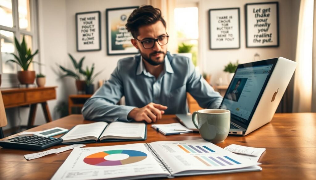 A focused and balanced image depicting a person sitting at a wooden table, deeply engaged in creating a realistic budget. In the foreground, there is an open notebook filled with handwritten notes and a colorful pie chart, alongside a calculator and scattered receipts. The middle ground features a laptop displaying budgeting software, with a cup of coffee steaming beside it. In the background, a softly lit home office with warm natural light filtering through a window, adorned with potted plants and motivational quotes framed on the wall. The atmosphere is one of determination and clarity, promoting a sense of organization and financial empowerment. The individual is dressed in smart casual attire, reflecting professionalism and focus as they manage their finances.