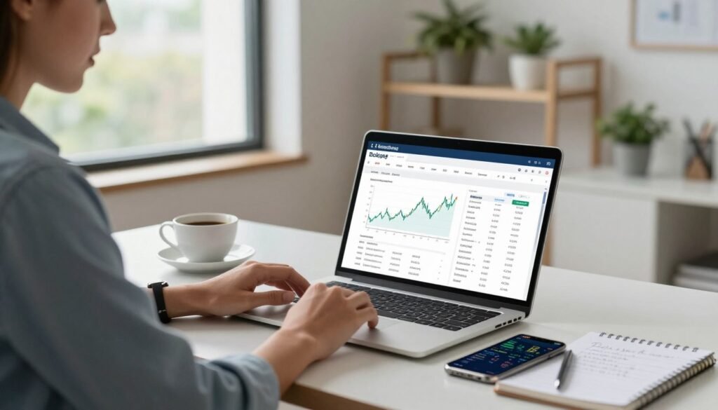 A modern home office scene featuring a young professional in smart casual attire, sitting at a sleek desk with a laptop open to a brokerage account setup page. The foreground includes a cup of coffee, a smartphone displaying stock prices, and a notepad with handwritten investment notes. In the middle background, a large window lets in soft, natural light, illuminating the workspace and plants on a shelf. On the computer screen, charts and graphs illustrate stock market trends, conveying a sense of analysis and progress. The overall atmosphere is calm and focused, reflecting a determined approach to investing in the stock market. The composition should have a slight depth of field to emphasize the desk elements while keeping the background softly blurred.