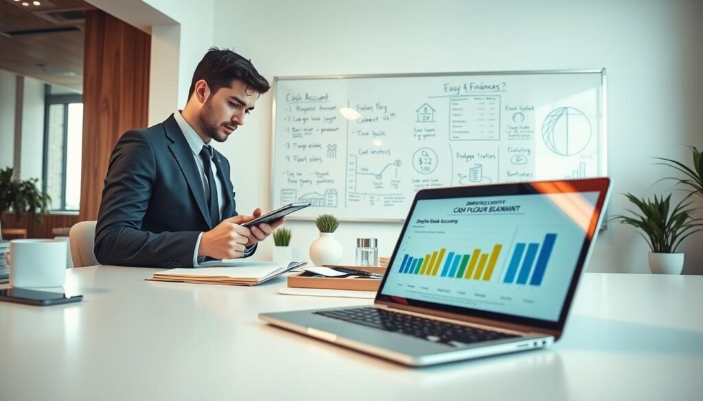 A modern office workspace with a clean, organized desk featuring a laptop displaying simplified bank account charts. In the foreground, a professional individual in business attire, focusing intently on cash flow administration, takes notes on a notepad. In the middle ground, a clear wall-mounted whiteboard is filled with easy-to-understand diagrams and budgeting strategies, illustrating the concept of simplifying finances. The background showcases a large window allowing natural light to fill the room, creating an inviting and motivating atmosphere. Subtle plants add a touch of greenery. The overall mood is one of clarity and efficiency, encouraging viewers to think about financial simplification. The image captures a balanced composition, shot from a slight angle to enhance depth and engagement.