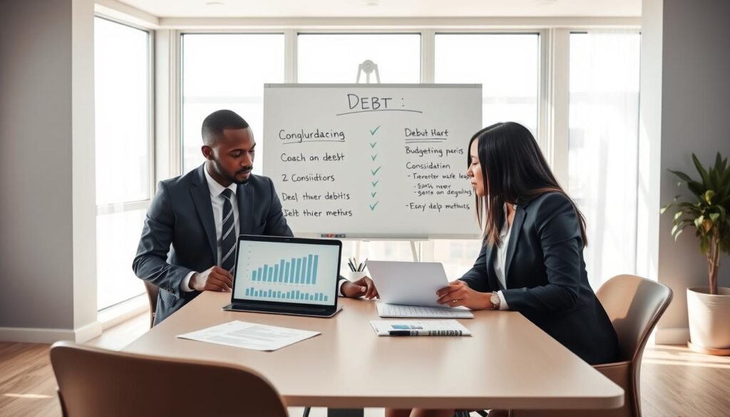 A professional and serene office setting conveying the theme of effective debt management strategies. In the foreground, a diverse group of three individuals in professional business attire are gathered around a modern table, engaged in a collaborative discussion with charts and graphs illustrating debt reduction on a laptop. The middle ground features a whiteboard with neatly written strategies, such as budgeting, consolidation, and debt snowball methods. In the background, large windows let in soft, natural light, creating an uplifting atmosphere. Use a warm color palette to evoke positivity and hope. Capture the scene with a medium shot from a slightly elevated angle to provide a comprehensive view of the collaborative effort in action.
