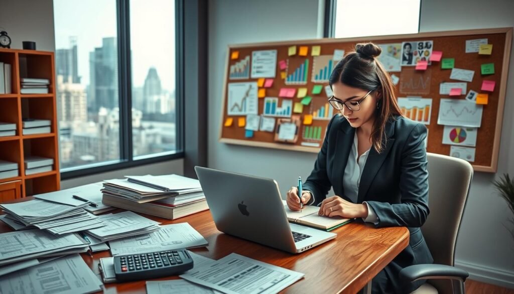 A realistic depiction of a financial planning scene in a well-organized office space. In the foreground, a wooden desk cluttered with spreadsheets, a calculator, and a laptop displaying a budgeting app. A professional woman in smart business attire, deeply focused, is writing notes on a notepad. In the middle ground, a large corkboard filled with colorful charts, graphs, and post-it notes, representing budgeting and financial strategies. In the background, a window allowing natural light to flood the room, with a cityscape view, suggesting a busy financial environment. The atmosphere is focused and productive, emphasizing a sense of determination and clarity in managing finances. Soft lighting creates a warm, inviting mood.