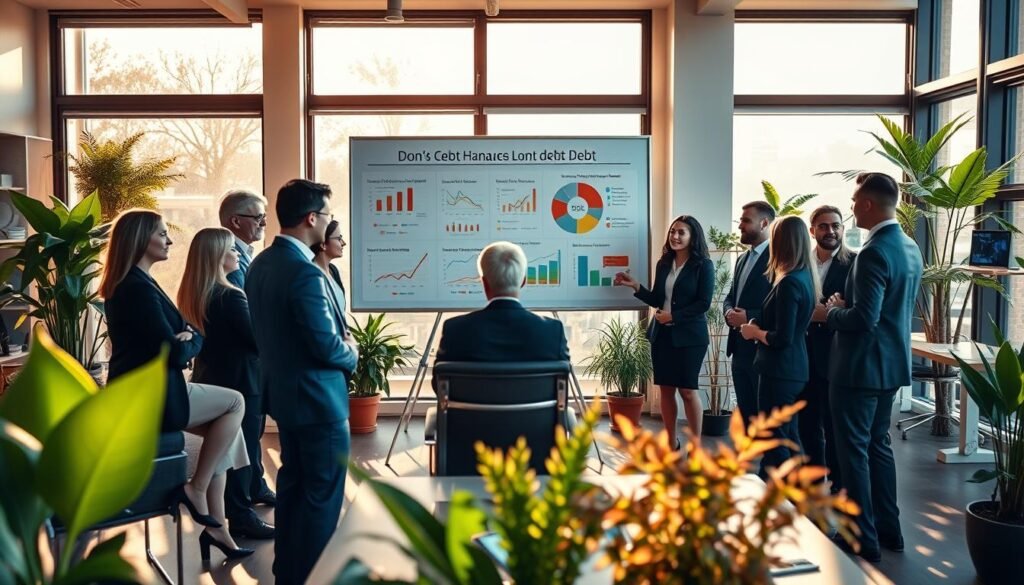 A serene office setting foreground features a diverse group of professionals, all dressed in smart business attire, engaged in a lively discussion about debt management strategies. In the middle, a large, informative whiteboard displays colorful charts and graphs illustrating the benefits of controlling debt. In the background, warm sunlight streams through large windows, casting soft shadows and creating a welcoming atmosphere. The room is filled with plants that add a touch of nature, reinforcing a sense of growth and renewal. The overall mood is positive and empowering, reflecting a constructive approach to financial challenges, emphasizing teamwork and collaboration towards achieving financial stability.
