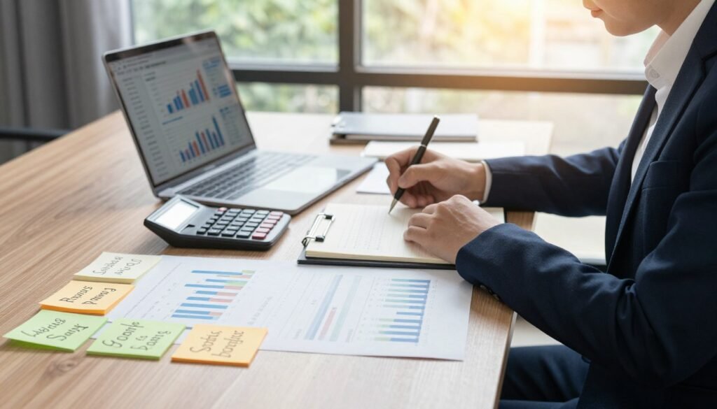 A serene office space featuring a wooden desk cluttered with financial documents, a calculator, and a laptop displaying graphs and charts related to investment goals and budgets. In the foreground, neatly organized sticky notes depict diverse investment goals like "Retirement Fund," "Emergency Savings," and "Stock Portfolio." The middle ground showcases a professional individual in smart business attire, deeply focused as they analyze their budget, with a notepad in hand, jotting down figures. The background features a large window allowing natural sunlight to bathe the room, enhancing a warm, productive atmosphere. The overall mood is calm and motivational, encouraging a sense of forward-thinking financial planning. Use a soft-focus lens to emphasize the details of the documents and individual while softly blurring the outside world.