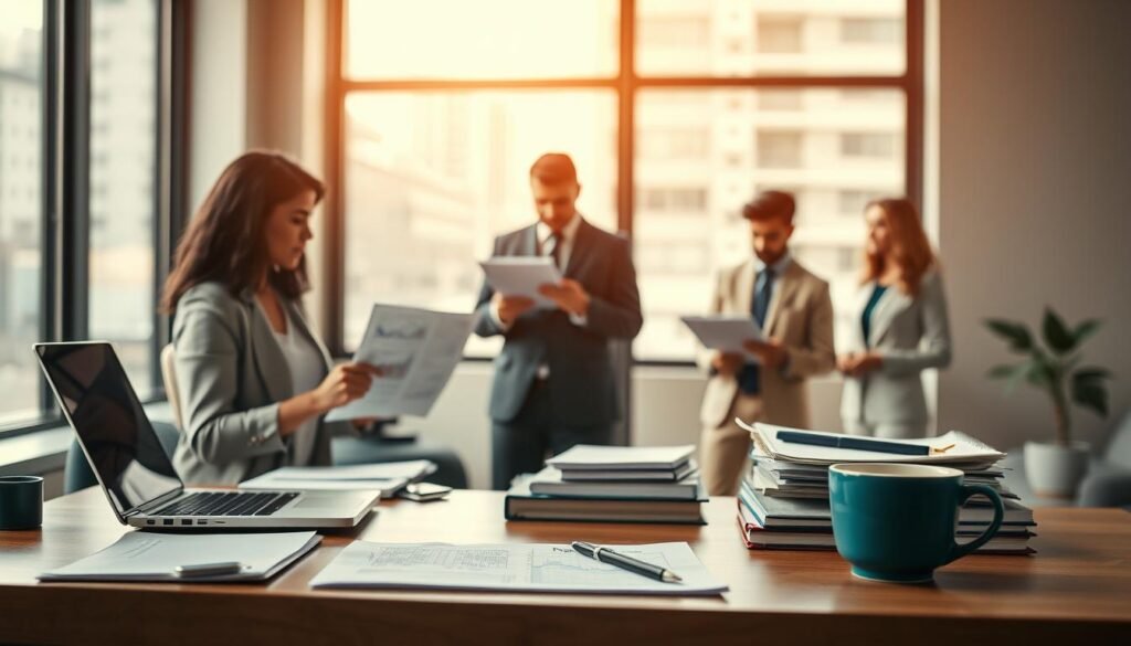 A visually compelling representation of profitable side hustle characteristics, featuring a clean and organized workspace in the foreground. Display a neatly arranged desk with a laptop, notepads, and a cup of coffee, symbolizing productivity. In the middle layer, depict a diverse group of individuals in professional clothing: a woman analyzing potential income charts, a man brainstorming ideas, and a couple discussing a side project, all showcasing teamwork and innovation. The background should include a soft-focus, modern urban setting through a window, suggesting flexibility and accessibility. Use warm, natural lighting to create an inviting atmosphere, while employing a shallow depth of field to emphasize the individuals' focus on their side hustles, exuding a sense of determination and success.