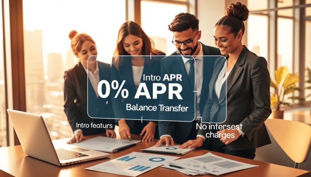 A visually engaging illustration depicting the concept of "0% intro APR credit cards" in a modern financial setting. In the foreground, a diverse group of three professionals, dressed in smart business attire, is gathered around a table with financial documents and a laptop displaying graphs related to credit card usage. In the middle, a transparent digital overlay shows the key features of 0% APR cards, such as "0% Intro APR," "Balance Transfer," and "No Interest Charges," designed in a sleek, modern style. In the background, a stylish office with large windows reveals a cityscape, bathed in warm, natural light to create an optimistic atmosphere. The camera angle is slightly elevated, capturing the interaction among the professionals while emphasizing the importance of understanding financial tools.