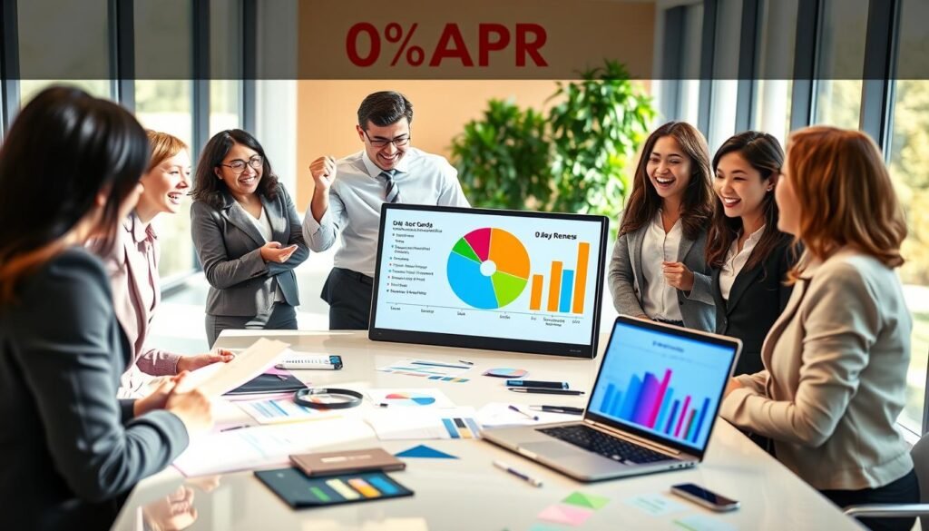A visually engaging overview of rewards and benefits related to 0% APR credit cards. In the foreground, a group of diverse individuals in professional business attire enthusiastically discussing credit card options around a sleek table filled with documents, graphs, and a laptop displaying financial data. The middle ground features a colorful pie chart and bar graph illustrating the variety of rewards—including cashback, travel points, and balance transfer benefits—clearly visible on the laptop screen. The background displays a vibrant office environment with natural light streaming in through large windows, creating an optimistic, productive atmosphere. The scene captures a sense of collaboration and excitement about saving money and maximizing financial rewards, suggesting a bright financial future.