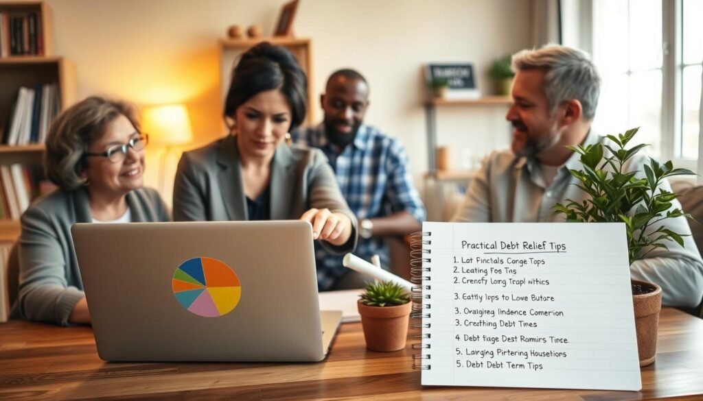 A warm and inviting scene set in a cozy, well-lit room where a diverse group of three adults are engaged in a discussion around a table. In the foreground, a middle-aged woman in modest business attire is pointing at a colorful pie chart on a laptop, while a young man in casual wear takes notes. The atmosphere is collaborative and supportive, with an uplifting mood indicated by soft golden lighting. In the middle ground, a notepad filled with bullet points of practical debt relief tips sits beside a potted plant, suggesting growth and financial health. The background features shelves with books about budgeting and finance, contributing to an environment of empowerment and learning. The overall composition conveys hope and practicality for low-income households facing debt challenges.