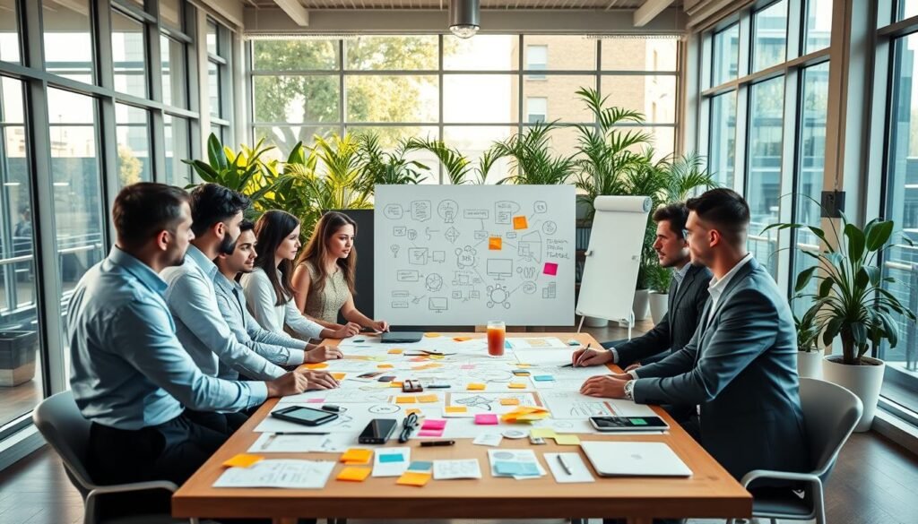 A bright, modern workspace with large windows allowing natural light to flood in, creating an inspiring atmosphere. In the foreground, a diverse group of professionals, dressed in smart business attire, collaboratively brainstorming ideas around a large table filled with colorful sticky notes, sketches, and digital devices. The middle ground showcases a whiteboard filled with innovative diagrams and brainstorming notes, symbolizing the flow of creativity and ideas. In the background, a vibrant indoor garden with plants enhancing the sense of growth and innovation. The overall mood is dynamic and energetic, depicting a sense of collaboration and forward-thinking, with warm lighting that evokes a sense of optimism and possibility. The angle is slightly elevated to capture the entire scene effectively.