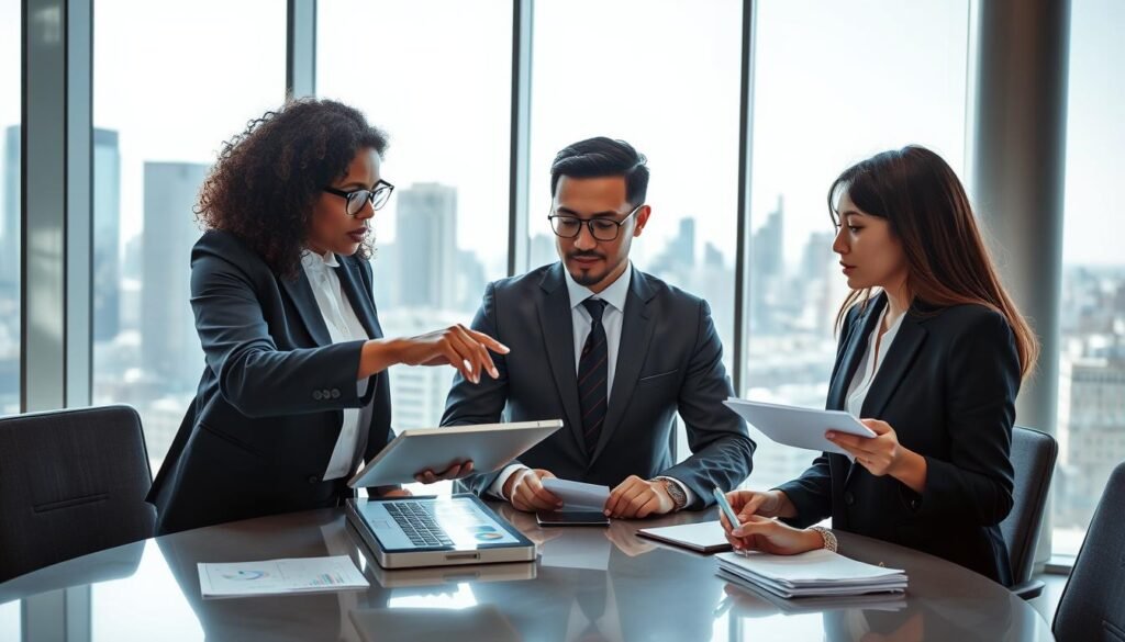 A business meeting scene in a modern office, featuring a diverse group of three professionals in smart business attire engaged in a focused discussion around a large round table. In the foreground, a middle-aged Black woman is pointing at a digital tablet displaying graphs and charts, symbolizing decision making. Beside her, a young Asian man is thoughtfully analyzing notes, while a Latina woman takes notes on a notepad, representing accountability. In the background, large windows reveal a city skyline under bright, natural light, enhancing the atmosphere of ambition and professionalism. The camera angle is slightly elevated, giving an overview of the collaborative effort, conveying a sense of urgency and teamwork. Bright, clear lighting highlights their expressions of determination and focus, fostering a mindset of entrepreneurship and responsibility.