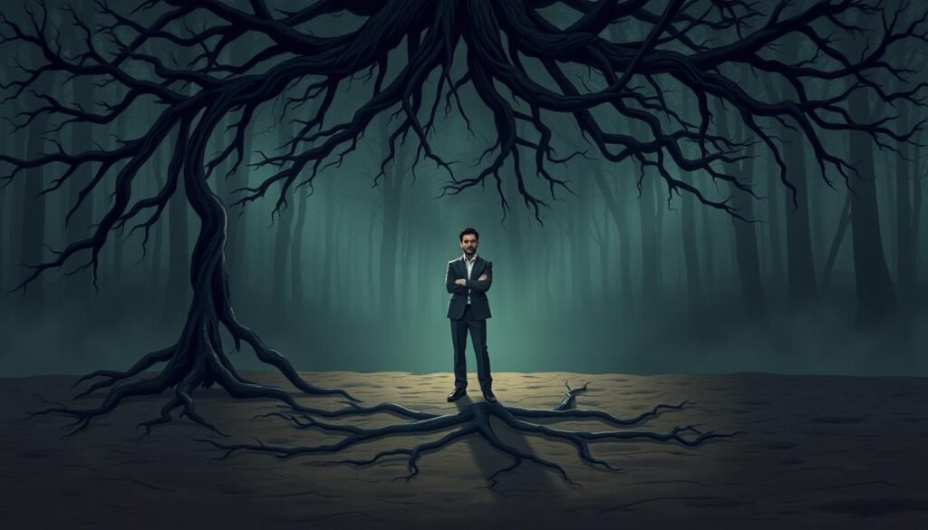 A conceptual illustration depicting the roots of self-doubt, featuring an intricate network of dark, gnarled tree roots emerging from a barren ground in the foreground, symbolizing the complex origins of negative thoughts. In the middle, a soft-focus silhouette of a person stands with arms crossed, dressed in modest business attire, looking pensively at the roots. The background consists of a dimly lit, misty forest with subtle beams of light breaking through the trees, casting an ethereal glow. The atmosphere is contemplative and introspective, with a color palette of muted earth tones that enhance the sense of struggle and reflection, creating a poignant yet hopeful mood.