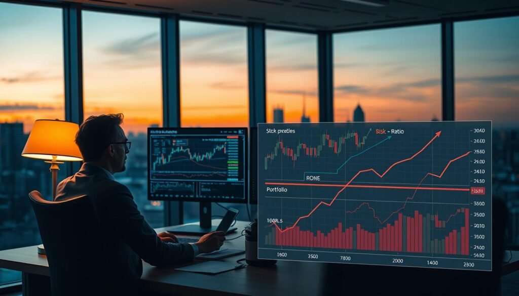 A conceptual representation of risk management in forex trading. In the foreground, a focused trader in professional attire sits at a desk illuminated by a warm desk lamp, analyzing charts and graphs on multiple screens that display fluctuating currency values. In the middle ground, layered graphs and charts demonstrate the concepts of risk-reward ratio, stop-loss orders, and portfolio diversification, with visual elements like arrows indicating market movements. The background features a modern office environment with large windows showing a city skyline at dusk, casting a serene orange glow that reflects a sense of calm amidst the financial chaos. The overall atmosphere is one of professionalism and strategic planning, capturing the essence of managing risk in financial trading.