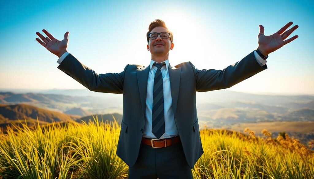 A confident individual stands proudly on a sunlit hilltop, arms outstretched towards the clear blue sky, embodying self-belief. In the foreground, the person wears professional business attire, conveying strength and determination. In the middle ground, vibrant green grass sways gently in the wind, indicating growth and positivity. The background features a picturesque landscape distant hills bathed in the warm golden light of a rising sun, symbolizing new beginnings. The soft, diffuse lighting creates an uplifting and inspiring atmosphere, casting gentle shadows that enhance the subject's features. The camera angle is slightly low, emphasizing the person’s elevated stance, while a lens flare adds a touch of magic to the scene.
