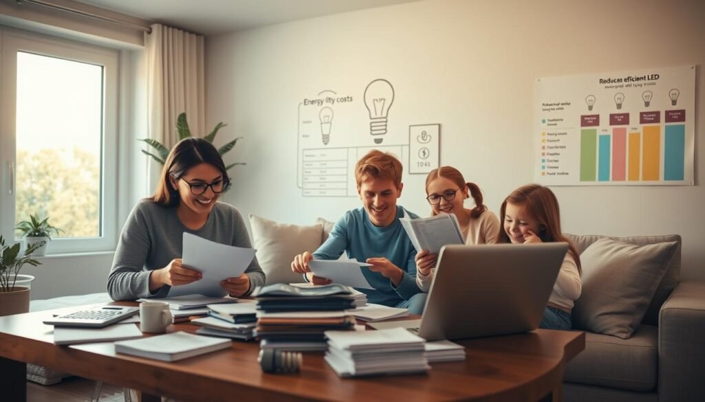 A cozy, modern living room with a family of four, happily engaging in budgeting activities. In the foreground, a mother and father work together at a table, focused on bills, calculators, and a laptop displaying financial management software. The children, a boy and a girl, are nearby, playfully organizing stacks of paperwork. In the middle ground, large windows let in warm, natural sunlight, casting a comforting glow over the scene, showcasing energy-efficient LED bulbs. The background features a chart on the wall illustrating reduced utility costs and credit scores, creating an encouraging environment. The mood is positive and proactive, emphasizing teamwork and financial literacy, with a warm color palette and soft focus to create an inviting atmosphere.