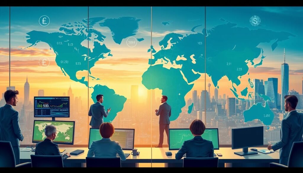 A detailed and vibrant illustration depicting the global forex market sessions, with a dynamic world map highlighted in shades of blue and green to signify different time zones. In the foreground, include a modern trading desk with high-tech monitors displaying live forex data, charts, and currency symbols. Surrounding the desk, professional individuals in business attire engage in focused discussions, showcasing a collaborative atmosphere. The middle ground features visual representations of major currencies like the Euro, Dollar, Yen, and Pound, creatively integrated around the map. In the background, suggest a blend of bustling financial centers, such as New York, London, and Tokyo, with iconic skyscrapers subtly fading into a sunrise sky, casting a warm glow. The mood should be professional and energetic, capturing the essence of global finance and trading activity, with soft, diffused lighting for a contemporary feel.