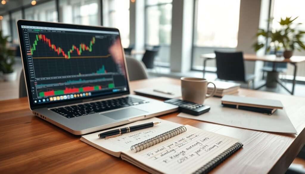 A detailed flat lay of various technical analysis tools for Forex trading, including candlestick charts, moving average graphs, and Fibonacci retracement levels spread across a sleek wooden desk. In the foreground, there's a laptop displaying a digital trading platform with real-time charts. The middle ground features a notepad with handwritten notes and a calculator, alongside a cup of coffee for a professional atmosphere. The background showcases a blurred modern office with large windows letting in soft, natural light that highlights the tools, creating a focused yet inviting mood. Use a shallow depth of field to draw attention to the tools while keeping the environment softly out of focus. The image should convey professionalism and analytical precision.