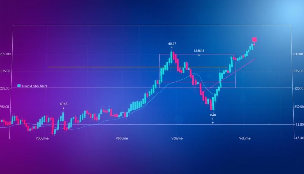 A detailed technical analysis chart illustrating various cryptocurrency price patterns, prominently displaying bullish and bearish formations such as triangles, head and shoulders, and flags. The foreground features a clear, crisp chart in a vibrant color scheme—blue and green lines for upward trends, red for downward trends—superimposed over a soft gradient background of darker shades to enhance contrast. Include subtle digital elements like candlestick data points and volume indicators scattered around the chart. The lighting is bright and focused on the chart, creating a professional, analytical atmosphere. Use a top-down perspective that emphasizes the complexity of the data. The overall mood is informative and insightful, ideal for engaging readers in technical analysis.