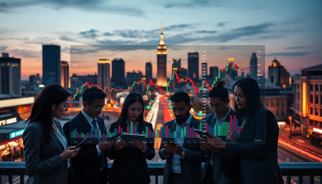 A detailed visualization of market conditions influencing an investment portfolio, featuring a split-screen design. In the foreground, a diverse group of professional investors in business attire engaging with digital devices, analyzing charts and graphs. The middle section displays various financial instruments like stocks and ETFs represented as vibrant, fluctuating line graphs and candlestick charts that highlight market volatility. The background shows an urban skyline at dusk, with the warm glow of city lights and busy streets, symbolizing a dynamic economic environment. Soft, diffused lighting accentuates the scene, creating an atmosphere of urgency and opportunity. A camera angle capturing the action from slightly above eye level adds depth, drawing the viewer into the complex world of financial decision-making. A detailed visualization of market conditions influencing an investment portfolio, featuring a split-screen design. In the foreground, a diverse group of professional investors in business attire engaging with digital devices, analyzing charts and graphs. The middle section displays various financial instruments like stocks and ETFs represented as vibrant, fluctuating line graphs and candlestick charts that highlight market volatility. The background shows an urban skyline at dusk, with the warm glow of city lights and busy streets, symbolizing a dynamic economic environment. Soft, diffused lighting accentuates the scene, creating an atmosphere of urgency and opportunity. A camera angle capturing the action from slightly above eye level adds depth, drawing the viewer into the complex world of financial decision-making.