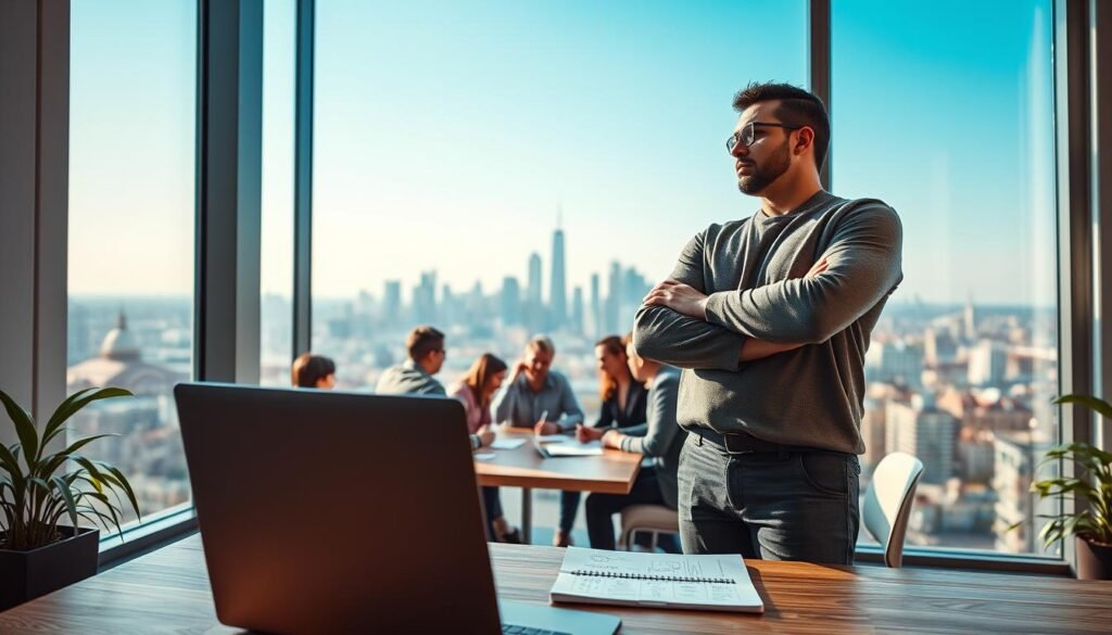 A determined entrepreneur in a modern co-working space, standing confidently with arms crossed, gazing out of a large window overlooking a bustling city. In the foreground, a sleek laptop and a notepad filled with innovative ideas. The middle ground features a diverse group of professionals engaged in animated discussions, brainstorming around a wooden table. In the background, a city skyline under a clear blue sky, symbolizing opportunity and ambition. Soft, natural light pours in, creating a warm and inspiring atmosphere. The overall mood is one of motivation and resilience, emphasizing the essence of the entrepreneurial spirit. Shot with a wide-angle lens to capture the dynamic environment, highlighting collaboration and drive.