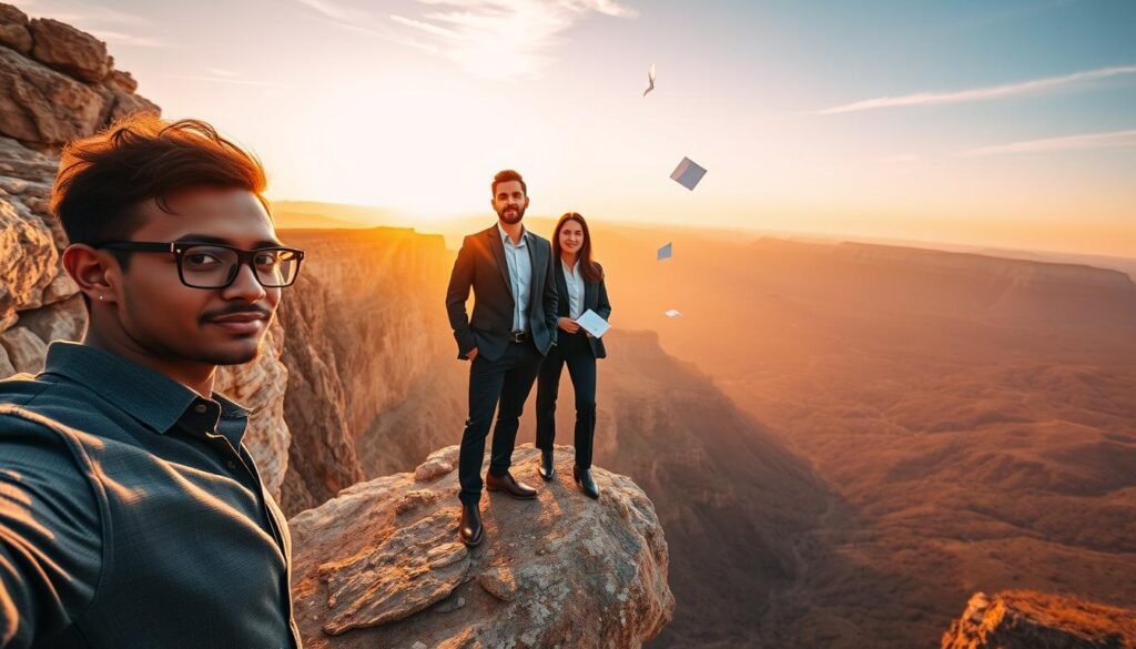 A diverse group of three individuals in professional business attire stands together on a rocky cliff edge, overlooking a vast valley below, symbolizing their acceptance of risks and challenges. The foreground features a close-up of their determined faces, reflecting resilience and motivation. In the middle ground, they are positioned against the rugged cliff, with papers fluttering in the wind, representing ideas and potential failures. The background reveals a dramatic sunset, casting warm golden light across the landscape, enhancing the mood of hope and opportunity. Use a wide-angle lens to capture the expansive scene, with a soft focus on the background for depth. The overall atmosphere should convey courage, determination, and the beauty of learning from failures.