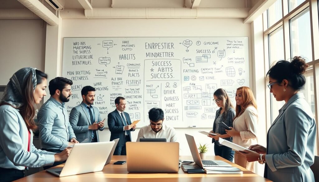 A dynamic and inspiring scene showcasing various entrepreneur mindset habits for success. In the foreground, a group of diverse individuals in professional business attire, engaged in activities like brainstorming, planning, and collaborating over laptops and notebooks. In the middle, a large whiteboard filled with motivational quotes, action plans, and diagrams illustrating success strategies. The background features a bright, modern office space with large windows allowing natural light to flood in, creating an uplifting atmosphere. The lighting should be warm and inviting, emphasizing a sense of productivity and determination. Use a wide-angle lens to capture the energy of the environment, conveying a mood of ambition and focus, highlighting the essence of successful entrepreneurial habits.
