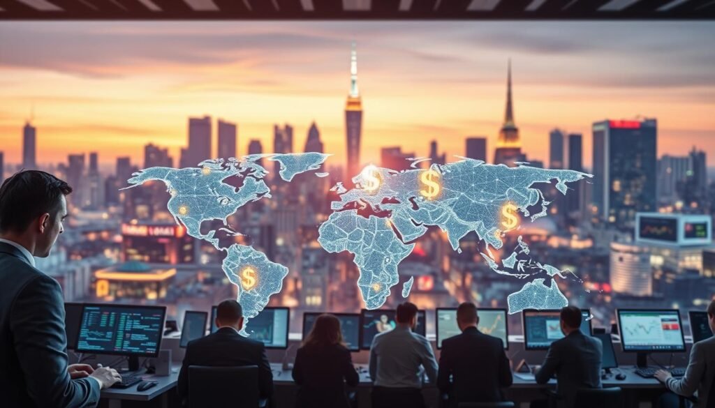 A dynamic and vibrant depiction of the global currency exchange market, featuring a foreground of professional traders in modern business attire analyzing financial data on multiple screens. The middle ground showcases a digital map of the world, with glowing currency symbols (like the dollar, euro, yen) interconnected by animated lines to symbolize the flow of money worldwide. In the background, an abstract skyline of major financial cities, such as New York, London, and Tokyo, is illuminated by soft twilight lighting, creating a sense of global interconnectedness. The atmosphere is bustling yet focused, conveying energy and professionalism in the fast-paced world of Forex trading. The image should capture the essence of modern finance, with a clear emphasis on currency exchange and global markets.