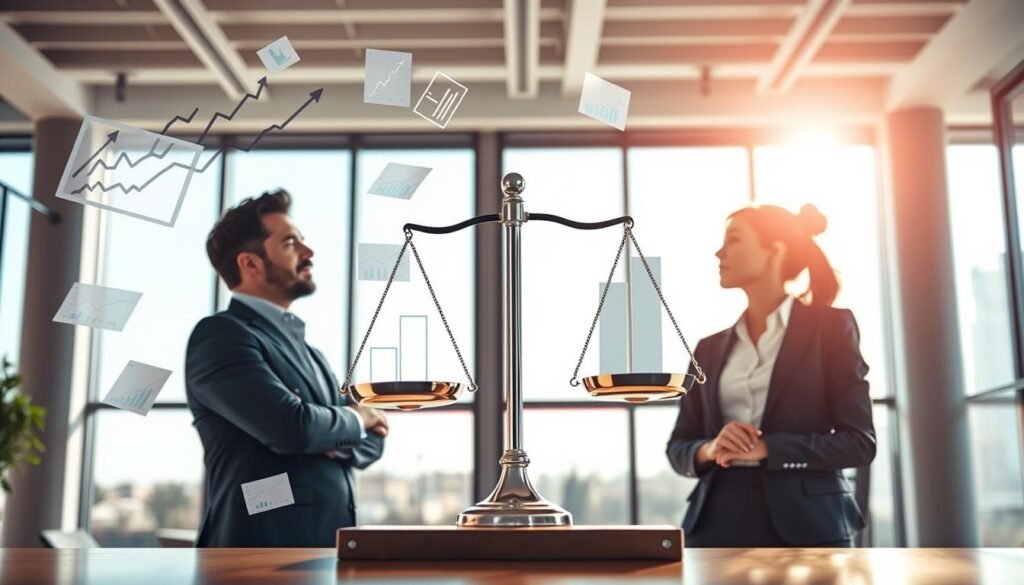 A dynamic and visually engaging illustration depicting the concept of "performance vs market-based raises." In the foreground, a professional man and woman in business attire are engaged in a thoughtful discussion, surrounded by floating graphs and charts showing upward trends. The middle layer features a balanced scale representing performance on one side and market rates on the other, symbolizing the decision-making process. In the background, a modern office environment with large windows allows natural light to flood the scene, creating a bright and optimistic atmosphere. The camera angle is slightly elevated, capturing the interaction between the figures and the scale. The mood is focused and professional, emphasizing the importance of informed salary negotiations.