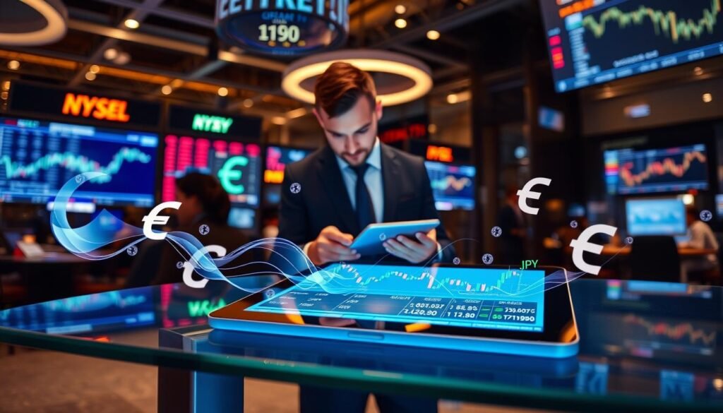 A dynamic forex trading scene, depicting various currency pairs like EUR/USD and GBP/JPY represented as flowing digital streams of currency symbols. In the foreground, a transparent glass table holds a modern tablet displaying real-time exchange rates, illuminated by soft blue light. The middle ground features a business professional in smart attire, analyzing charts and graphs on the tablet, with a focused expression. In the background, a bustling trading floor is visible, with screens displaying market data and currency trends, accompanied by abstract financial motifs. The atmosphere is energetic, reflecting the fast-paced nature of forex trading, with a blend of warm and cool lighting that highlights the professionalism and complexity of the market. A dynamic forex trading scene, depicting various currency pairs like EUR/USD and GBP/JPY represented as flowing digital streams of currency symbols. In the foreground, a transparent glass table holds a modern tablet displaying real-time exchange rates, illuminated by soft blue light. The middle ground features a business professional in smart attire, analyzing charts and graphs on the tablet, with a focused expression. In the background, a bustling trading floor is visible, with screens displaying market data and currency trends, accompanied by abstract financial motifs. The atmosphere is energetic, reflecting the fast-paced nature of forex trading, with a blend of warm and cool lighting that highlights the professionalism and complexity of the market.