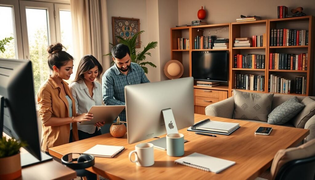 A dynamic home office scene showcasing essential remote work skills and tools. In the foreground, a diverse group of three professionals—one woman in smart casual attire, a man in business casual, and a person in a comfortable yet professional look—collaborate over a laptop and digital tablet, illustrating teamwork and communication. In the middle, a stylish desk with a modern monitor, noise-cancelling headphones, a digital notepad, and a coffee mug signifies productivity tools. In the background, a well-organized bookshelf filled with books on remote work and technology, positioned beside a window with soft, natural light streaming in, creates an inviting atmosphere. Use warm lighting to enhance a sense of focus and motivation, shot from an angle that captures both the workspace and the engaged individuals.