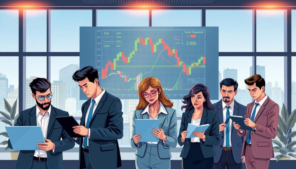 A dynamic illustration showcasing different trading styles in the Forex market. In the foreground, a diverse group of individuals in professional business attire, engaged in trading activities—one person analyzes charts on a laptop, another discusses strategy with a colleague, and a third writes notes. In the middle ground, a large digital screen displays fluctuating currency graphs and trading indicators, symbolizing various trading strategies. The background features a sleek, modern office environment with large windows revealing a city skyline. The lighting is bright and inviting, with a warm glow enhancing the atmosphere of collaboration and focus. Capture a sense of professionalism, confidence, and excitement about trading.