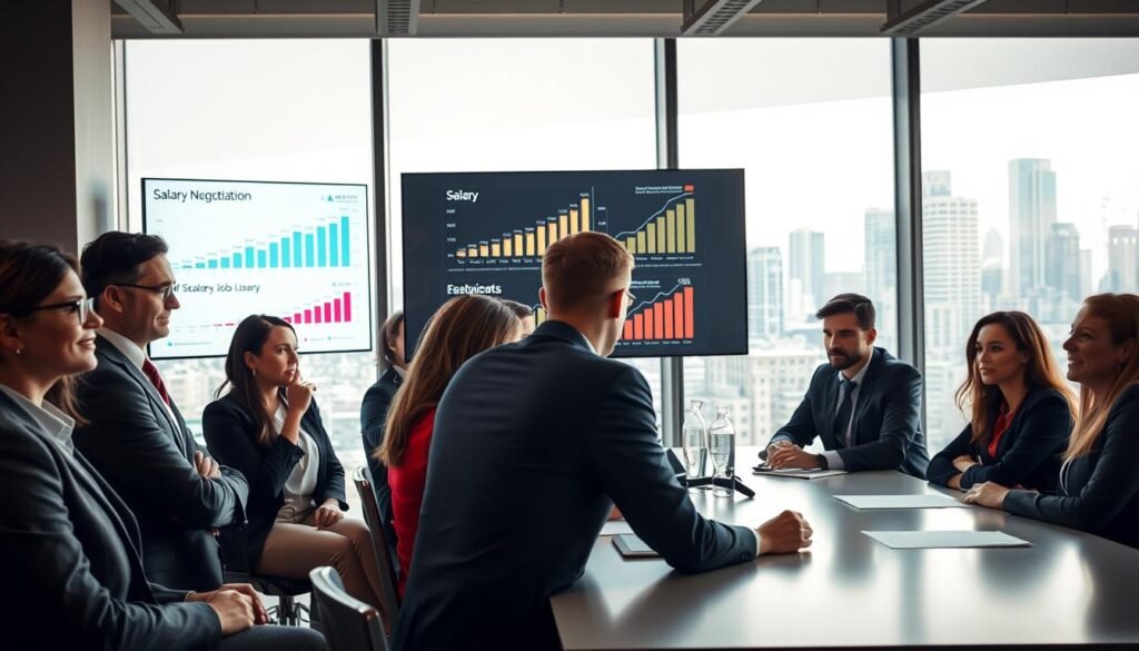 A dynamic office environment depicting a salary negotiation landscape. In the foreground, a diverse group of professionals dressed in smart business attire are engaged in a discussion around a conference table, showcasing expressions of determination and focus. The middle ground features a large digital screen displaying graphs and statistics about salary trends, enhancing the negotiation theme. In the background, large windows reveal a bustling cityscape, symbolizing the competitive job market. Soft, natural lighting streams in from the windows, creating an inviting yet serious atmosphere. Use a slightly low angle to emphasize the importance of the negotiation and convey a sense of empowerment among the professionals. Make sure the overall mood is one of strategy, collaboration, and professionalism.