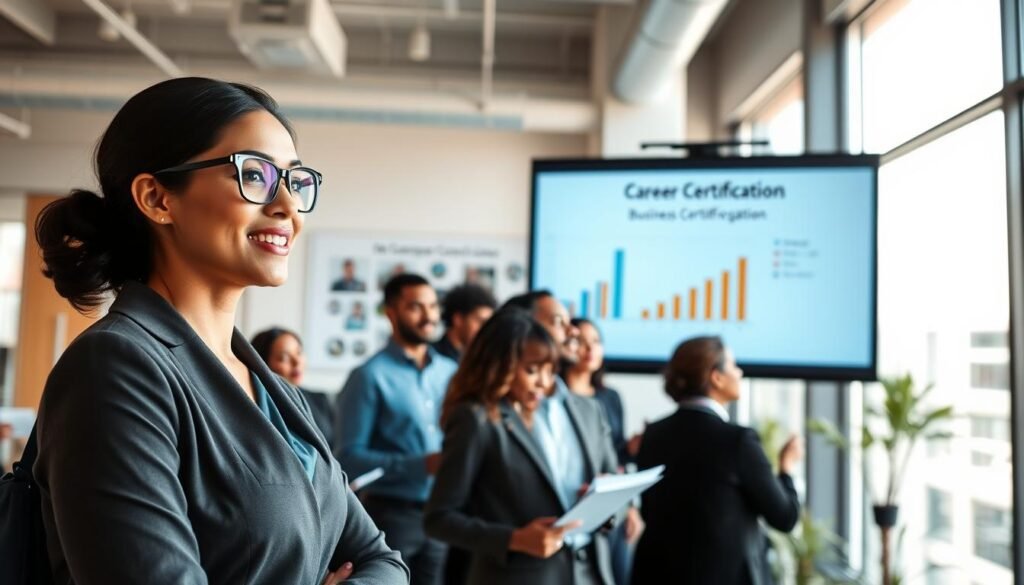 A dynamic office environment featuring a diverse group of professionals engaged in a business certification program. In the foreground, a confident woman in smart business attire is presenting a PowerPoint slide on a large screen, showcasing graphs and charts related to career growth. The middle-ground features a mix of individuals—some taking notes, others discussing ideas—representing various ethnicities and genders in professional clothing. The background displays a modern workspace with bright, natural lighting filtered through large windows, giving a sense of optimism and productivity. The mood is inspiring and collaborative, reflecting the theme of career advancement through education and training, capturing the essence of business-centric certification programs.