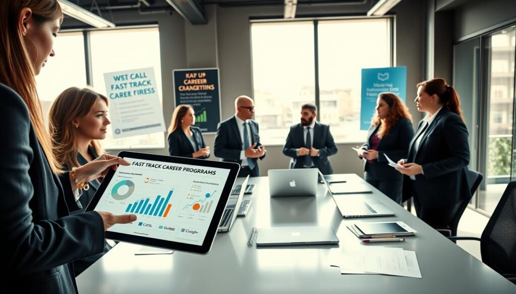 A dynamic office environment showcasing a diverse group of professionals in smart business attire engaged in discussions about fast-track career programs. In the foreground, a woman pointing at a digital tablet displaying charts of cybersecurity and data analytics trends, while a man beside her takes notes. In the middle ground, colleagues share ideas around a modern conference table filled with laptops and documents. The background features large windows with natural sunlight streaming in, illuminating motivational posters about career growth. The atmosphere is energetic and collaborative, emphasizing urgency and opportunity. The image is shot from a low angle to provide a powerful perspective, utilizing bright, clear lighting to enhance visibility and focus on the engagement of the professionals.