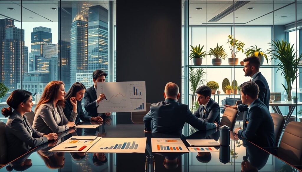 A dynamic scene depicting a corporate negotiation versus a startup negotiation strategy. In the foreground, a diverse group of professionals in business attire engage in a tense discussion at a sleek conference table, with a contrast between a formal corporate environment on one side and a casual, open office space representing a startup on the other. The middle ground showcases charts and graphs illustrating salary negotiation tactics, symbolizing data-driven strategies. In the background, illuminated glass walls reflect the corporate skyline on one side and a vibrant creative workspace filled with plants and art on the other. Dramatic lighting enhances the intensity of the negotiation atmosphere, with a focus on the expressions of determination and confidence among the negotiators. The overall mood conveys professionalism and the stark contrast in negotiation styles.