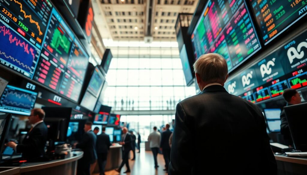 A dynamic trading floor filled with activity, showcasing the contrast between stocks and ETFs in a bustling environment. In the foreground, a detailed view of a trader in a professional suit, intently analyzing multiple screens displaying fluctuating stock charts and ETF performance. The middle ground features a large digital ticker with vibrant colors, illustrating live stock prices and ETF indices, while other traders are engaged in discussions. The background shows a panoramic view of an expansive, modern trading room with large windows, allowing natural light to flood the space, creating a busy yet organized atmosphere. The mood is energetic and focused, embodying the high-stakes world of investment. The angle captures a slight upward perspective, highlighting the intensity and urgency of trading mechanisms at play. A dynamic trading floor filled with activity, showcasing the contrast between stocks and ETFs in a bustling environment. In the foreground, a detailed view of a trader in a professional suit, intently analyzing multiple screens displaying fluctuating stock charts and ETF performance. The middle ground features a large digital ticker with vibrant colors, illustrating live stock prices and ETF indices, while other traders are engaged in discussions. The background shows a panoramic view of an expansive, modern trading room with large windows, allowing natural light to flood the space, creating a busy yet organized atmosphere. The mood is energetic and focused, embodying the high-stakes world of investment. The angle captures a slight upward perspective, highlighting the intensity and urgency of trading mechanisms at play.