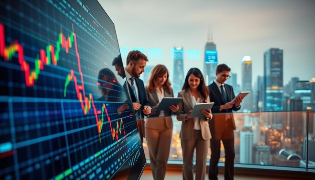 A dynamic visual representation of economic indicators influencing forex movements. In the foreground, a close-up of multiple currency pairs on a digital trading screen, showing fluctuating graphs and candlestick patterns. In the middle ground, a diverse group of three professionals in business attire analyzing data on laptops and tablets, exchanging ideas with focused expressions. In the background, an abstract city skyline with digital displays showcasing various economic indicators like GDP, inflation rates, and employment figures, all under a soft, ambient light creating a hopeful atmosphere. The angle is slightly elevated, providing depth and perspective on the importance of data in the forex market. Warm, inviting colors that convey a sense of opportunity and growth.