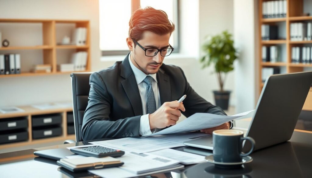 A focused and professional scene of an individual preparing for a salary negotiation case. In the foreground, a well-dressed employee, wearing a sharp suit, is seated at a sleek desk, surrounded by documents and a laptop, reviewing important notes. The middle ground showcases an organized workspace, complete with a calculator, charts, and a cup of coffee to suggest concentration and determination. In the background, a softly blurred office setting with shelves of books and a window allowing natural light to pour in, creating a warm and inviting atmosphere. The lighting is balanced, with a mix of soft shadows and highlights enhancing the determination on the individual’s face. The overall mood is one of confidence and readiness, capturing the essence of preparing to present a well-thought-out negotiation case.