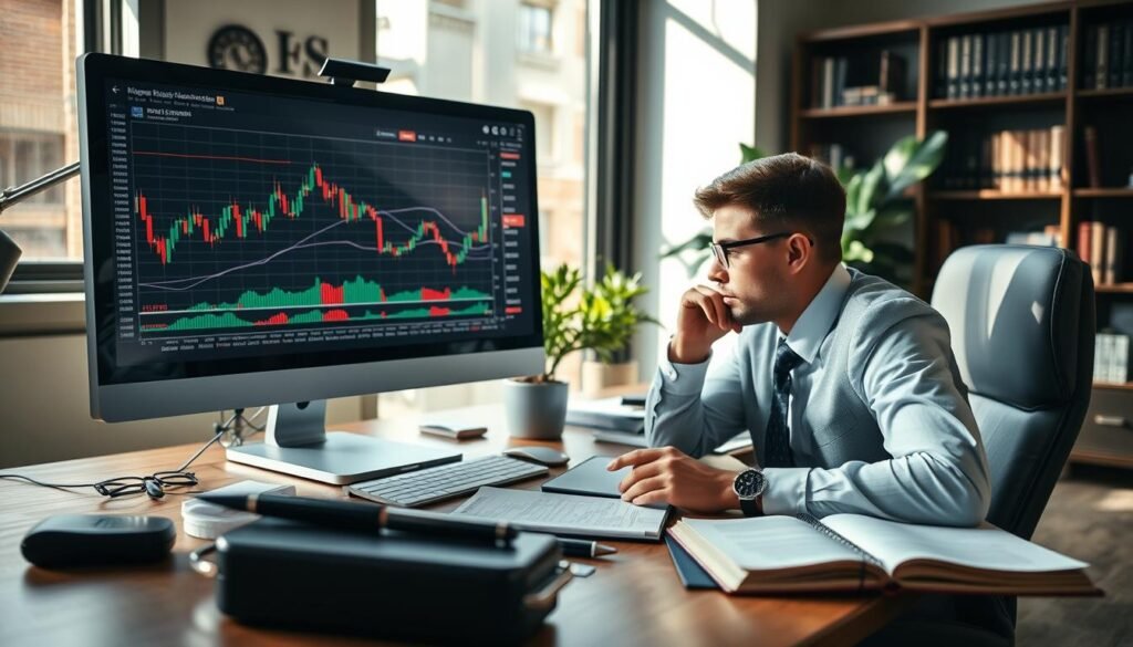 A focused and serene office environment showcasing a professional businessperson analyzing Forex trading charts on a computer screen. In the foreground, a detailed desk with trading tools, charts, and a notepad filled with strategic notes. The middle layer features a large computer display projecting candlestick graphs and market trends, with a confident individual in smart business attire deep in thought. The background reveals a well-organized workspace with a potted plant and financial bookshelves, creating an atmosphere of focus and determination. Soft, natural lighting filters through a nearby window, casting gentle shadows, emphasizing the mood of productivity and strategic planning. The composition should convey inspiration and clarity in developing a winning trading strategy.