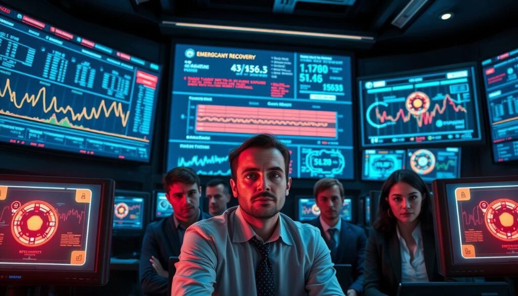 A futuristic control room with multiple high-tech screens displaying intricate data graphs and real-time alerts about cryptocurrency transactions. In the foreground, a diverse team of professionals in business attire closely monitors the screens, their expressions focused and serious. The middle ground features glowing holographic interfaces showcasing advanced scam detection algorithms and emergency recovery tools. The background consists of a sleek, modern design with dimmed lighting, accentuating the vibrant colors of the screens. The atmosphere is tense yet determined, emphasizing the urgency of protecting digital assets from scams. The camera angle is slightly tilted, creating a dynamic perspective that draws the viewer into the action and urgency of the moment.