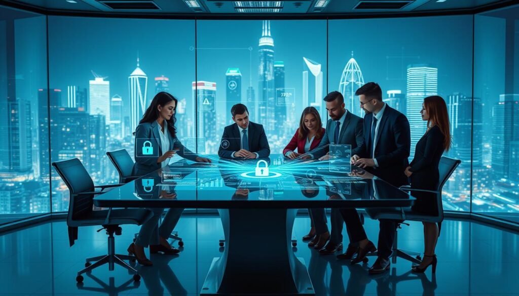 A futuristic office setting showcasing cybersecurity risk management. In the foreground, a diverse group of four professionals in business attire collaborates around a sleek, high-tech conference table, analyzing complex data visualizations displayed on transparent screens. The middle ground features various digital elements like locks, warning signs, and network connections, illustrating cybersecurity concepts. The background reveals a cityscape with towering skyscrapers illuminated by neon lights, symbolizing a high-tech environment. Soft blue and green lighting bathes the scene, casting a calming yet focused atmosphere. The image is captured from a slightly elevated angle, suggesting a dynamic and engaged teamwork vibe while emphasizing the importance of cybersecurity in a modern business context.