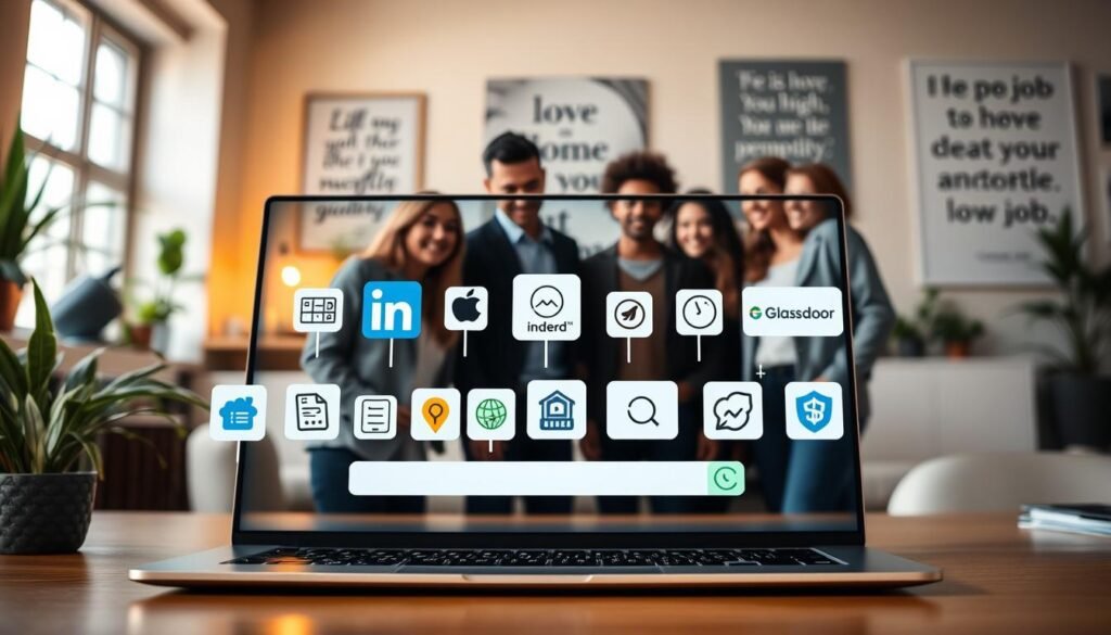 A modern digital workspace showcasing various remote job search platforms on a sleek laptop screen. In the foreground, a diverse group of professionals in business attire gathered around the laptop, attentively discussing job opportunities. The middle layer reveals an artistic arrangement of floating icons representing popular remote job platforms like LinkedIn, Indeed, and Glassdoor. In the background, a cozy home office setting with warm lighting, plants, and inspirational quotes on the walls, reflecting a productive environment. The composition should have a soft focus, with a bright and optimistic mood, highlighting the accessibility of high-paying remote jobs. The angle should be slightly elevated, providing a comprehensive view of the scene's inviting atmosphere.