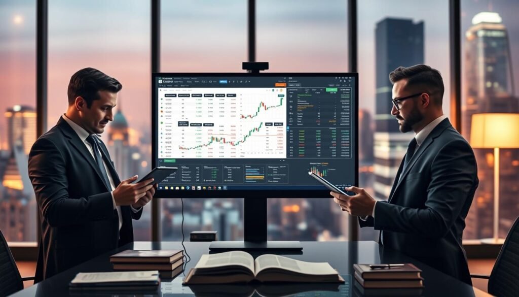 A modern forex broker trading platform displayed on a sleek computer monitor, positioned centrally in the foreground. The screen features detailed charts, graphs, and currency pair listings, illuminated by soft, ambient lighting that enhances the technical aspect. On either side, a professional trader in smart business attire, focused and engaged, uses a tablet for real-time analysis. The middle ground boasts a stylish office space with financial books neatly arranged and a large window showing a bustling city skyline, reflecting an atmosphere of success and professionalism. The background is blurred slightly, enhancing the sharp focus on the trading setup, with a warm, inviting color palette to convey a sense of reliability and expertise. A modern forex broker trading platform displayed on a sleek computer monitor, positioned centrally in the foreground. The screen features detailed charts, graphs, and currency pair listings, illuminated by soft, ambient lighting that enhances the technical aspect. On either side, a professional trader in smart business attire, focused and engaged, uses a tablet for real-time analysis. The middle ground boasts a stylish office space with financial books neatly arranged and a large window showing a bustling city skyline, reflecting an atmosphere of success and professionalism. The background is blurred slightly, enhancing the sharp focus on the trading setup, with a warm, inviting color palette to convey a sense of reliability and expertise.