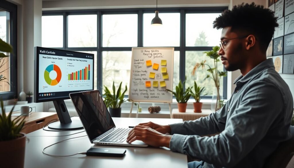 A modern home office scene capturing the essence of remote work. In the foreground, a focused, diverse young professional wearing smart casual attire is seated at a sleek desk, typing on a laptop. Around them, colorful charts and graphs about skillsets and job opportunities are visible on a digital screen. In the middle ground, a whiteboard displays key skills needed for high-paying jobs, adorned with sticky notes and sketches. The background features large windows allowing natural light to flood the room, creating a bright and inviting atmosphere. Soft, diffused lighting enhances the professional yet approachable mood. The perspective is slightly angled to capture both the worker and the inspiring workspace filled with house plants and motivational posters.