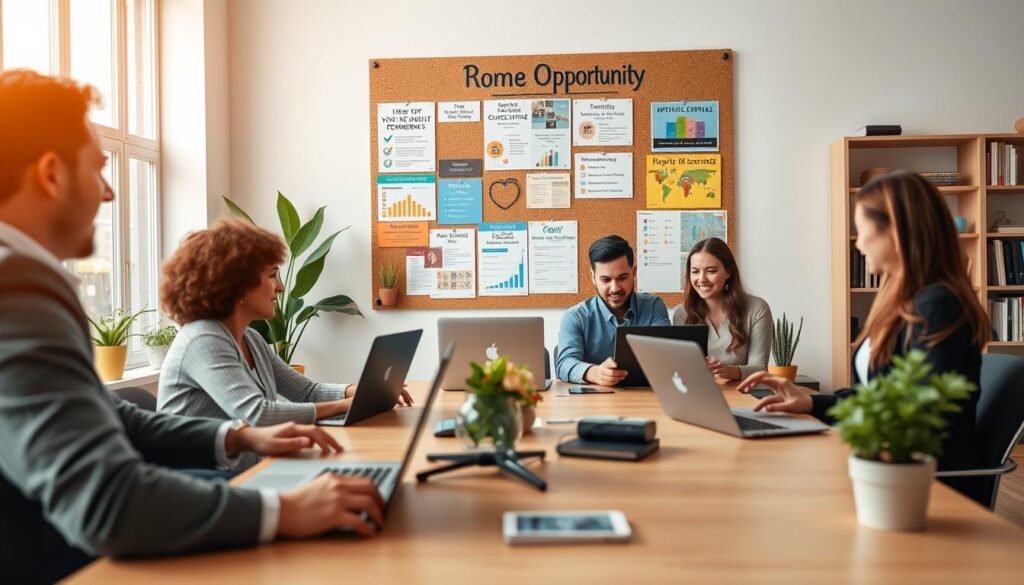 A modern home office scene showcasing remote job opportunities for beginners. In the foreground, a diverse group of three professionals, a man and two women, are seated at a stylish desk, engaging with laptops and digital devices, dressed in smart casual attire. The middle layer features a large wall-mounted corkboard with visual job opportunity listings, colorful charts, and motivational quotes. The background depicts a well-lit, inviting room with a large window streaming in warm, natural light, plants, and organized bookshelves. The atmosphere is energetic and upbeat, symbolizing growth and optimism in starting a remote career. The lens captures the scene at a comfortable angle, emphasizing collaboration and productivity.