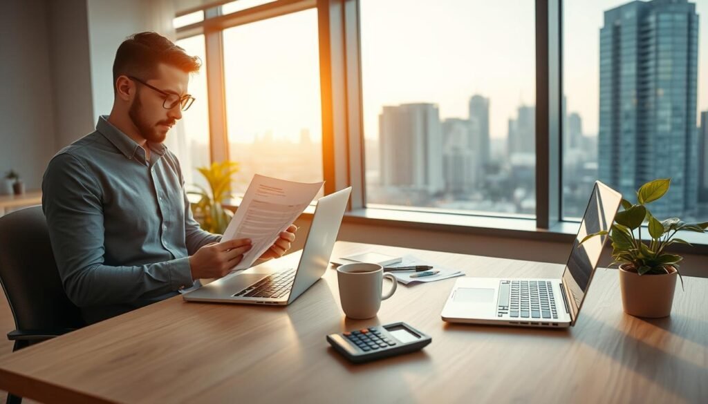 A modern, inviting workspace featuring a stylish desk with a laptop open and a coffee cup beside it. On the desk, there are neatly organized financial documents, a calculator, and a green plant, symbolizing freshness and growth. In the background, a large window displays a sunlit cityscape, suggesting an urban setting. The scene conveys a sense of calm productivity, with warm natural light streaming in, enhancing the mood of optimism and practicality. To the left, a professional individual in smart casual attire thoughtfully reviews a budget plan, embodying the article's theme of smart, sustainable financial choices. Use a soft focus to highlight the foreground details, while keeping the background slightly blurred to maintain a sense of depth.