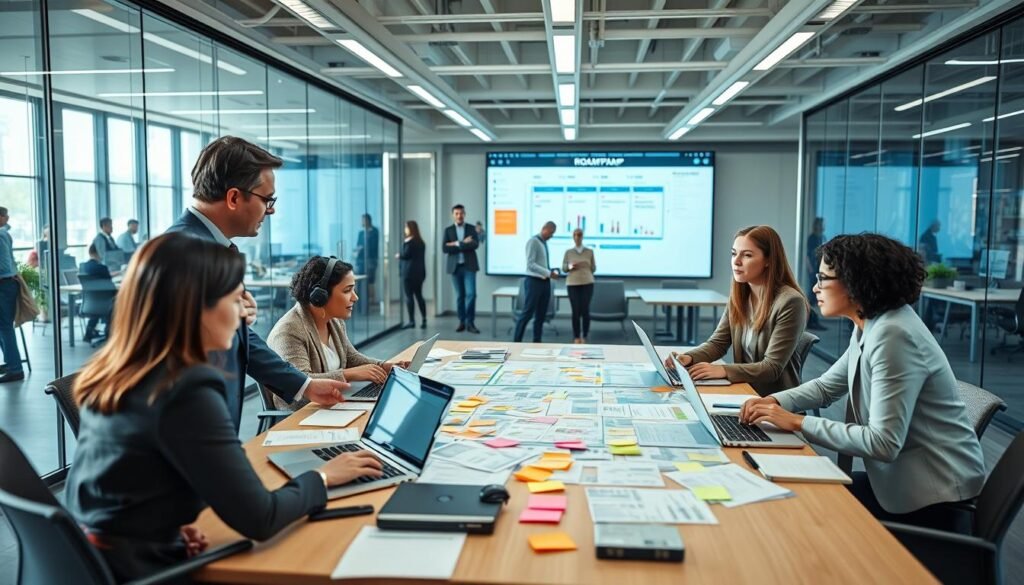 A modern office environment showcasing project management coordination. In the foreground, a diverse group of three professionals, dressed in smart business attire, engage in a strategic discussion around a large conference table cluttered with laptops, charts, and colorful sticky notes. In the middle ground, a large digital screen displays workflow diagrams and timelines. In the background, glass walls reveal a bustling team collaborating and working on a roadmap. The lighting is bright and natural, creating an optimistic atmosphere, with an emphasis on teamwork and innovation. The scene is captured from a slightly elevated angle, ensuring a dynamic perspective that highlights the professionalism and energy of a collaborative workspace.