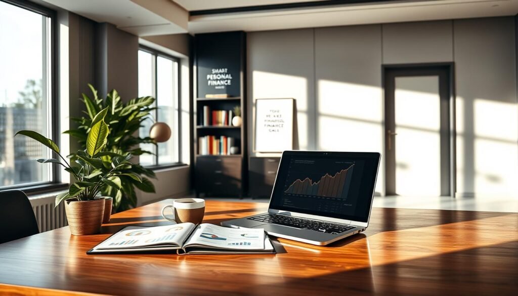 A modern office interior featuring a polished wooden desk with a laptop open, displaying financial charts and graphs. In the foreground, an organized planner and a cup of coffee sit beside a potted plant, symbolizing growth and prosperity. The middle ground showcases an elegant bookshelf filled with personal finance books and motivational quotes displayed on a sleek wall. In the background, large windows let in bright, natural light, creating a welcoming atmosphere. Soft shadows enhance the ambiance, giving a sense of warmth and productivity. The overall mood is optimistic and professional, embodying the essence of smart financial goals and effective savings strategies in an inspiring workspace.