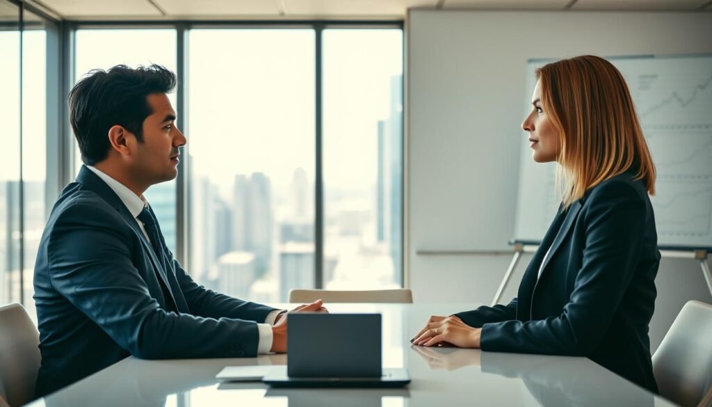A modern office setting with two professionals engaged in a negotiation conversation. In the foreground, a male and female business professional, dressed in smart business attire, sit across from each other at a sleek conference table. The male has dark hair and is wearing a navy blue suit, while the female has shoulder-length blonde hair and is dressed in a tailored black blazer. The expressions on their faces reflect concentration and determination. In the middle ground, a large window overlooks a bustling cityscape, allowing natural light to flood the room, creating a warm and inviting atmosphere. The background features a whiteboard filled with graphs and charts, depicting market data. Soft focus on the background enhances the sense of intimacy in this professional setting.